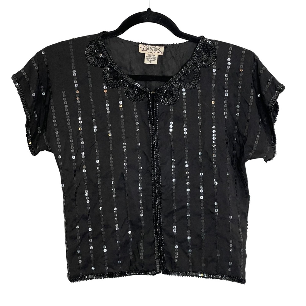 Vintage SND Black Sequin Beaded Silk Short Sleeve Collar Top Blouse Women's S